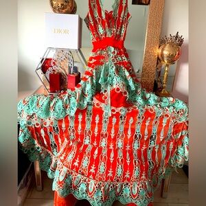 Chic Red and Mint Green High-Low Lace Dress